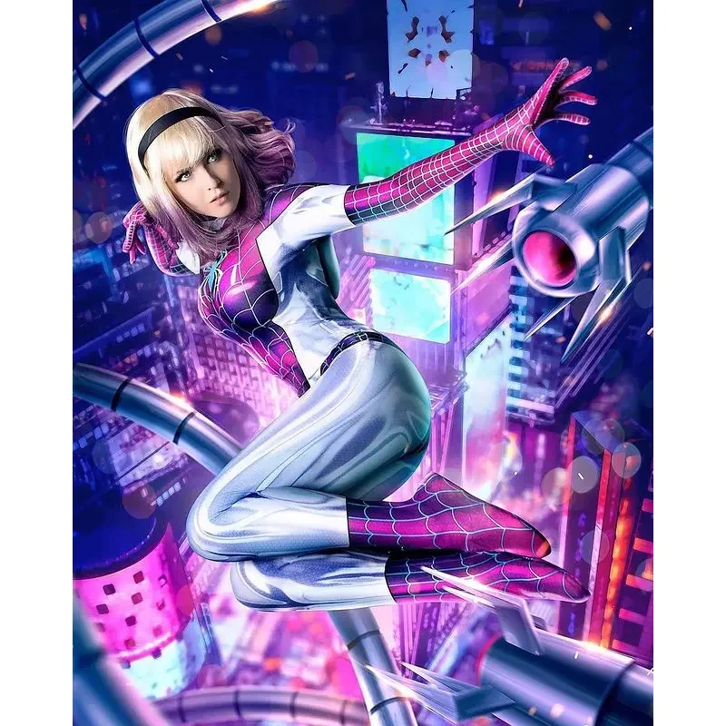 Halloween Shiny Gwen Spider cosplay Costume Female Superhero Zentai Suit Girls Woman Full Bodysuit Adults  Jumpsuit # 1 # W.