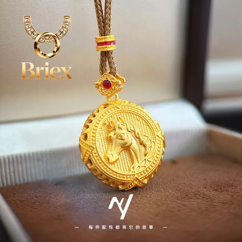 Briex Jewelry Luxury 24K 9999 Pure Gold real gold Women's Silk Zodiac Fortune Horse Compasses Pendant Necklace