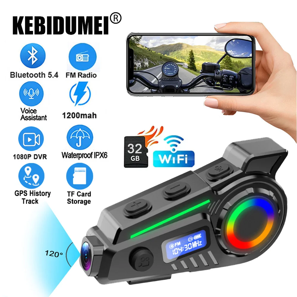 

1080P RGB Motorcycle Helmet Headset Wifi DVR Bluetooth V5.4 Handsfree Call FM Radio GPS History Track TF Card Video Recorder