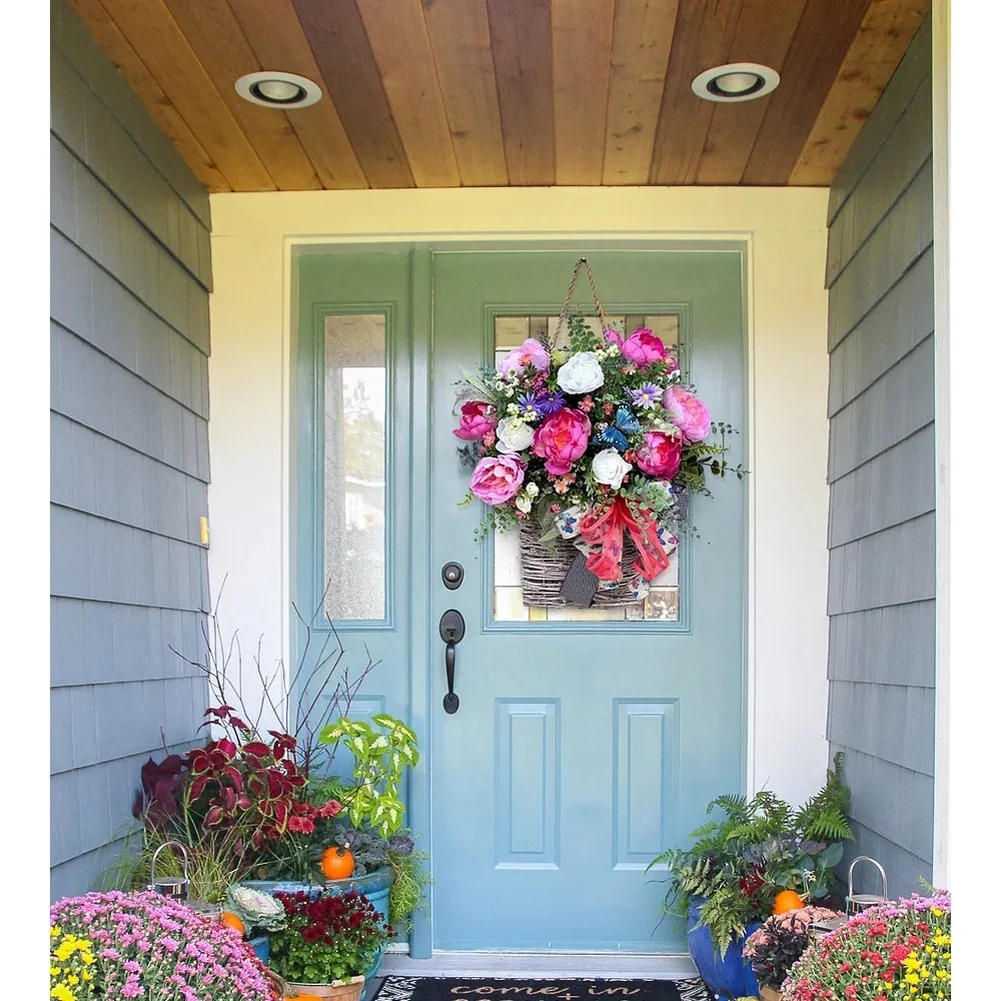 Hanging Basket with Summer Floral Design for Indoor Outdoor Decor Applications Including Porch Entryway and Living Room