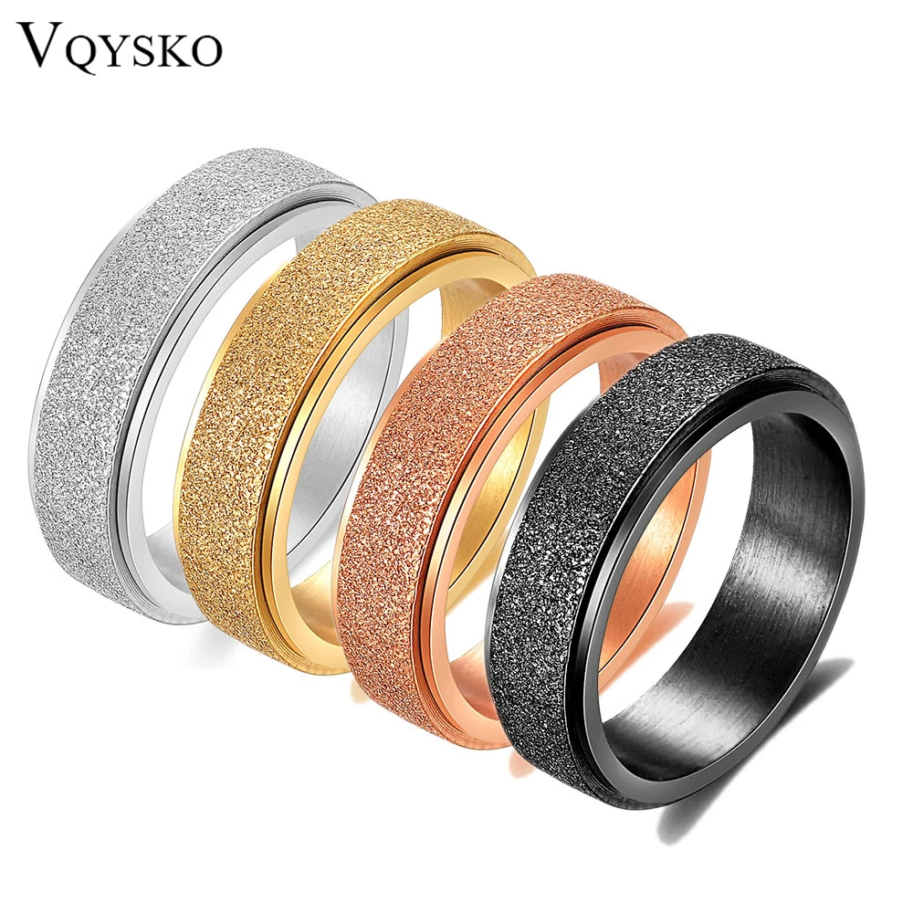 VQYSKO 6MM Anxiety Relief Spinner Ring for Women and Man Stainless Steel Sand Blast Glitter Finish Gold Color Fidget Ring Band