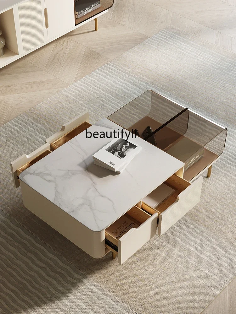 X Stone Plate Coffee Table Modern Small Apartment Living Room Home Square Transparent Acrylic Storage Tea Table