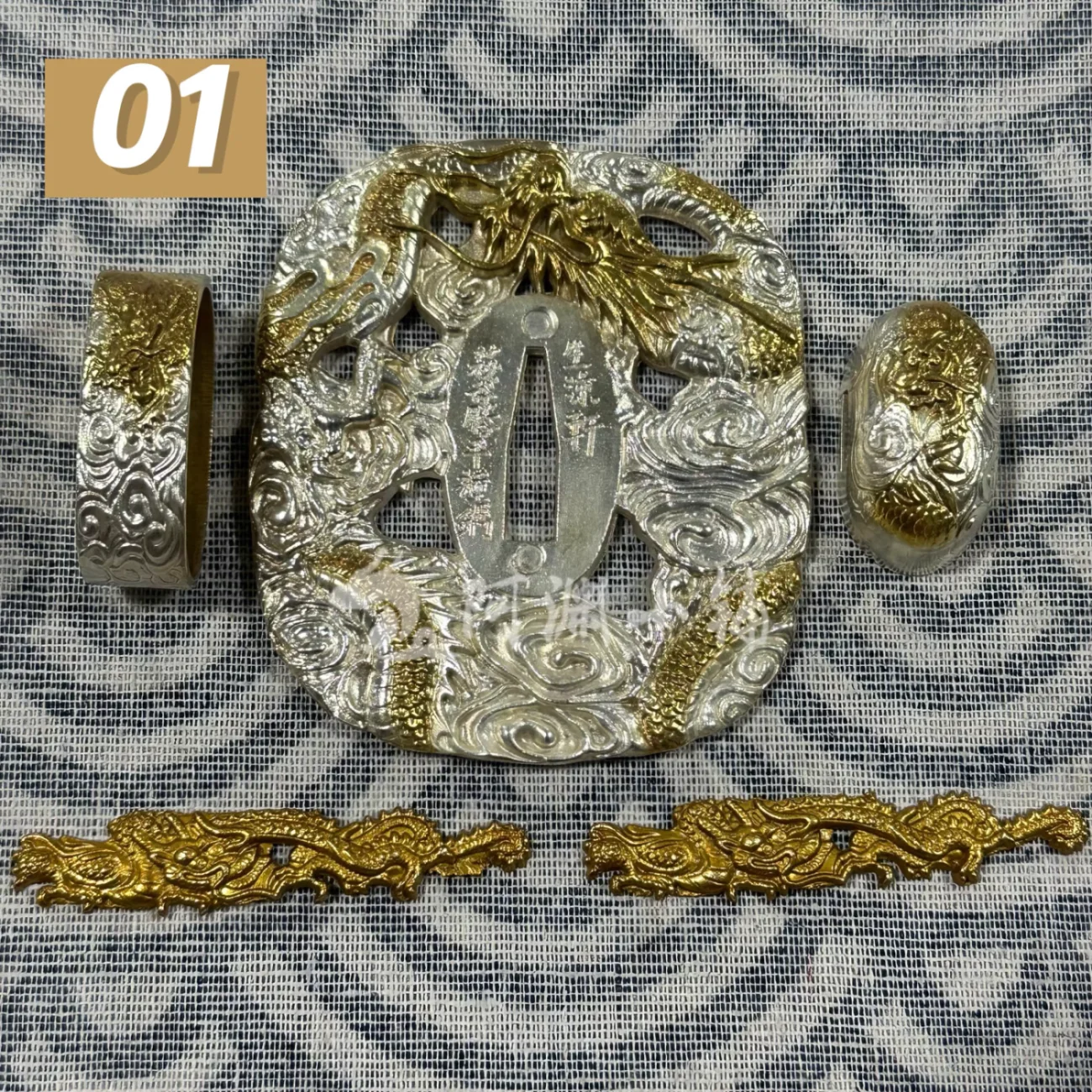 

Set of Vintage Copper Dragon Gilded w/Gold & Silver Tsuba Fuchi Kashira Seppa Menuki Habaki Accessories for Katana Sword