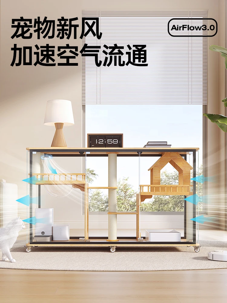 Panoramic Horizontal Cat Villa TV Cabinet Glass Cat Cabinet Solid Wood Cat Cage Transparent House Household Interior