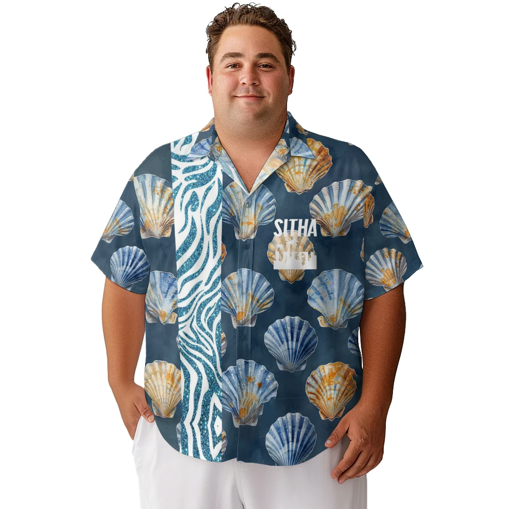 

2024 new Men's shirts plus size Beach shells ripple vertically across the sea printed clothing casual short-sleeved