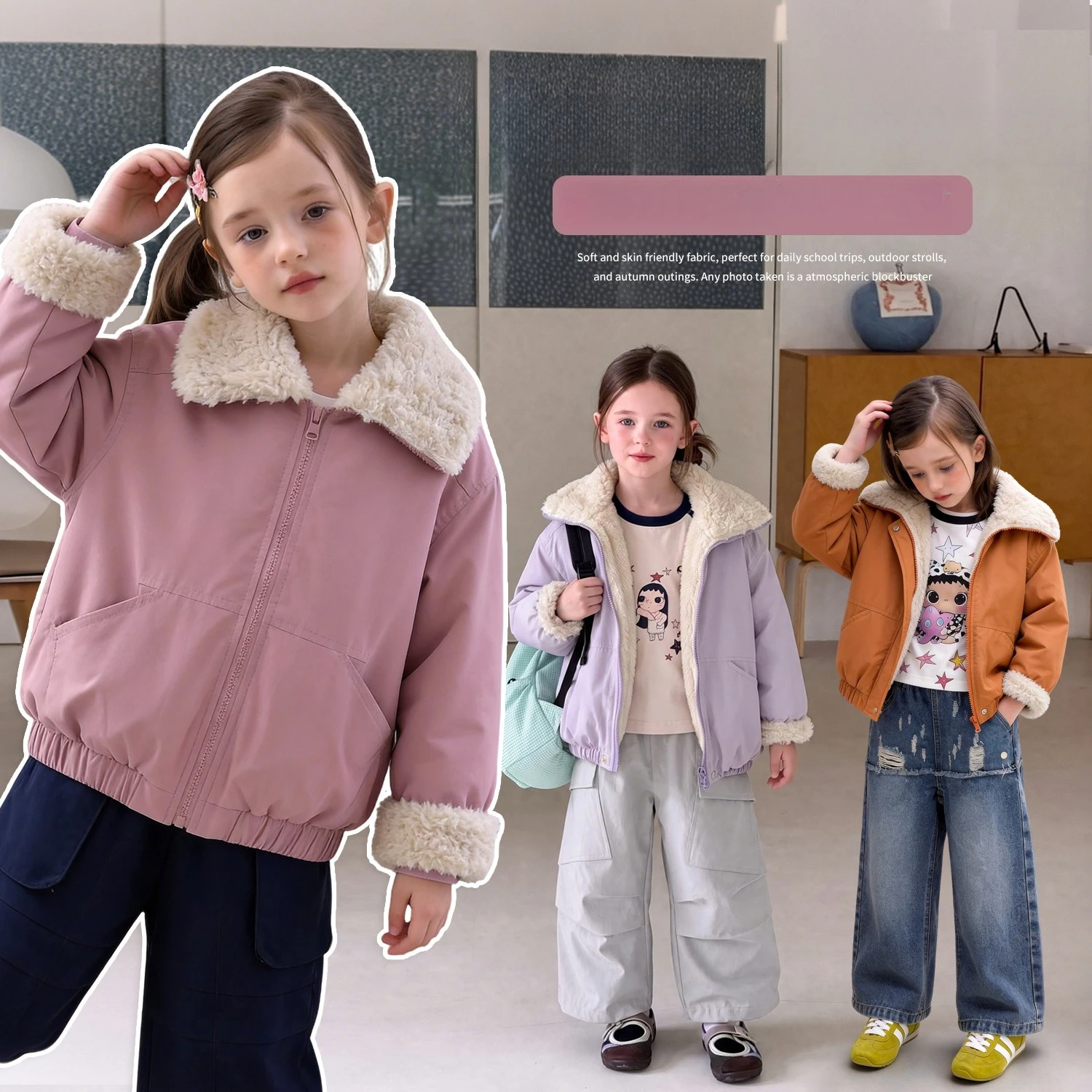 Girls Solid Classic Sherpa Collar Jacket 2026 Winter New Fleece Full Zip Loose Bomber Jacket Warm Top