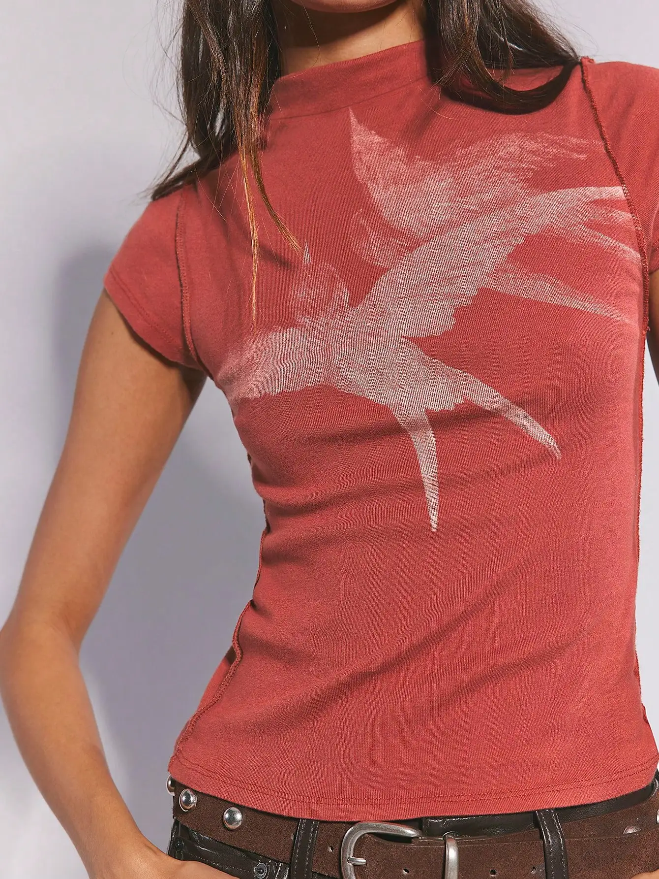

Rust Red Mock Neck Short Sleeve Tee with Bird Silhouette Print, Slim Fit