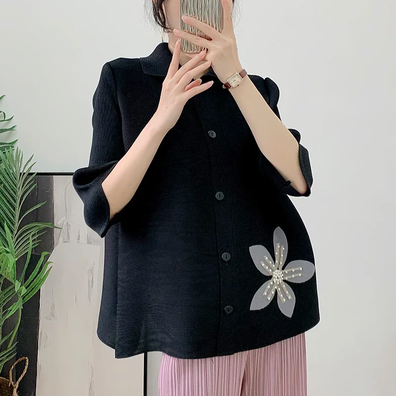 YUDX Miyake Pleated Jacket 2023 Summer New Seven-minute Sleeve Tops Female Loose Large Yards Covered Son Thin Sunscreen Shirt