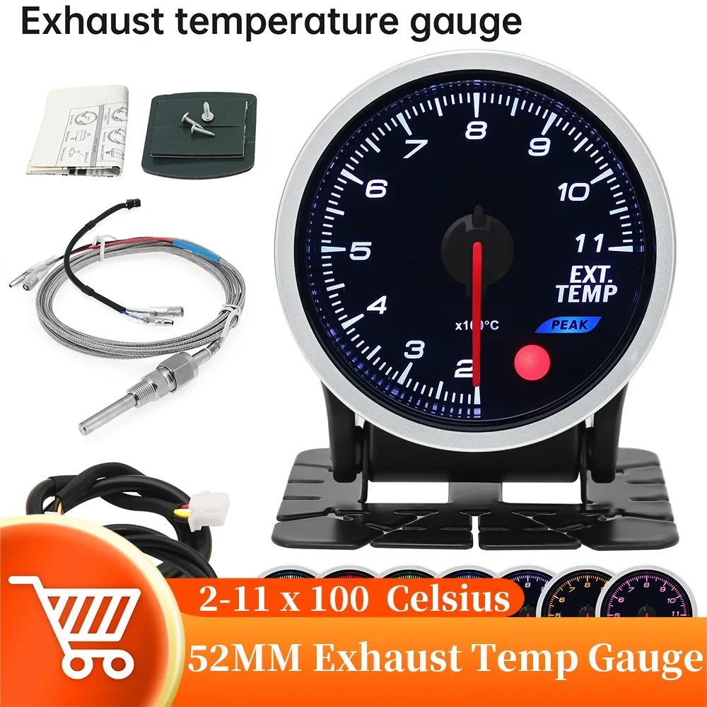 52MM Exhaust Temperature Gauge With Sensor 7 Color Backlight Smoke Lens 200-1100 Celsius EXT Temp Meter Fit 12V Gasoline Vehicle