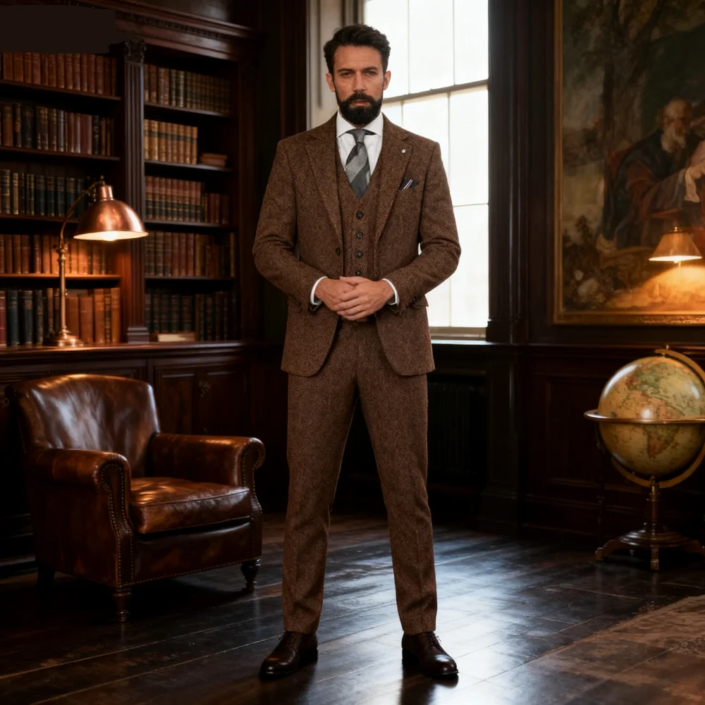 

Men's Winter Tweed Wool Grey Slim Fit Formal Wedding Terno Fishbone 3 Piece Smoking Suit Male Ternos Ca