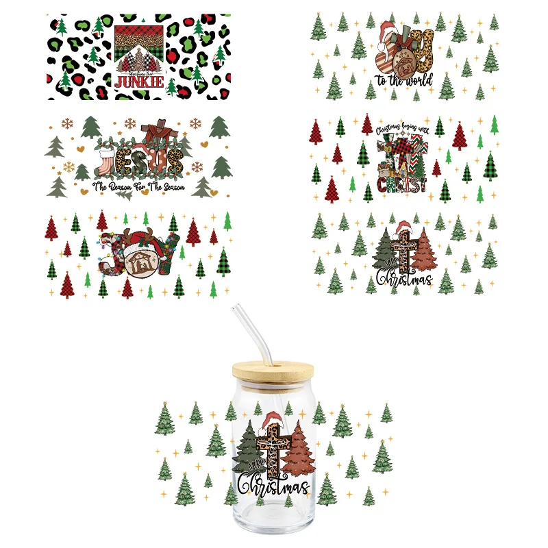 Christmas UV DTF Wrap Transfer Stickers Christmas Tree Jesus Design Waterproof Wrap For Bottles Cups Mugs DIY Decal