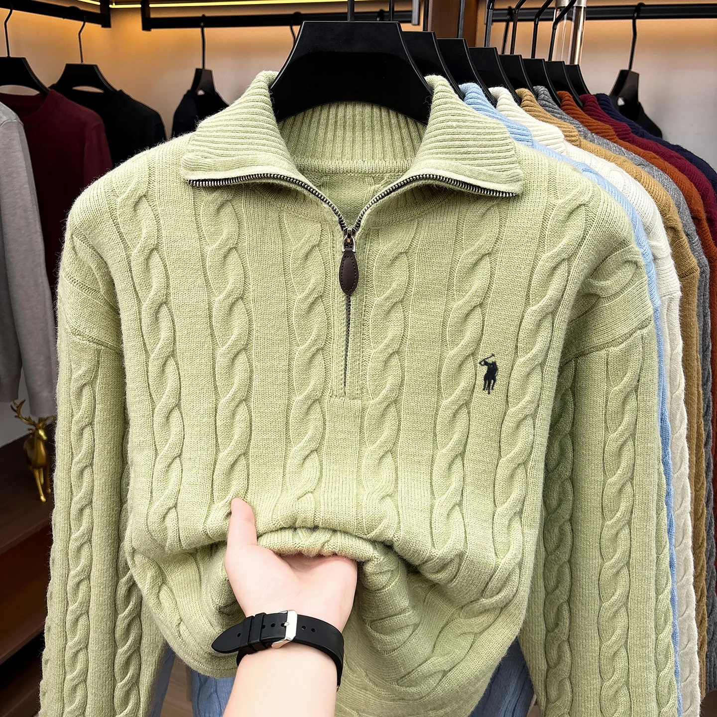 Herbst Winter Neuer Pullover Klassische Mode Jacquard Herren Retro Reißverschluss Stehkragen Luxus Paul Pony Stickerei Lässiger Strickpullover – Detail 13