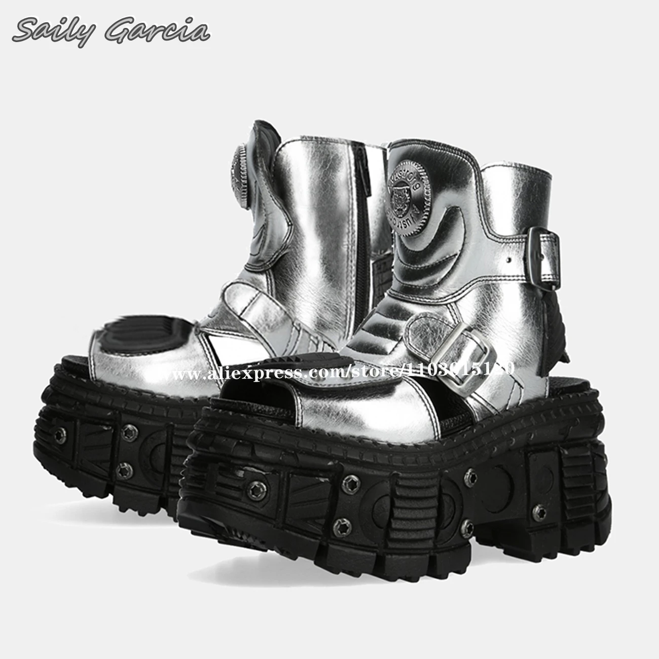 Silver Rock Punk Style Thick Sole Hook&Loop Sandal Boots 2024 New Fashion Y2K All-Match Casual Sandals Open Toe Increase Sandals