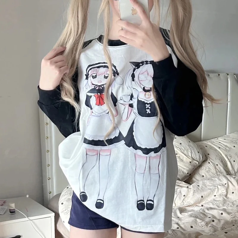 Japanese Subculture Sweet Y2k Long Shirt Anime Print Long Sleeve Top Casual Women Loose Harajuku Black White Patchwork Hoodie