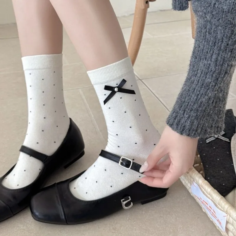 

5 Pairs Autumn Winter New Japanese-Style Bow Dot Women's Mid-Calf Socks Fashion White Cotton Socks Set Breathable High Quality