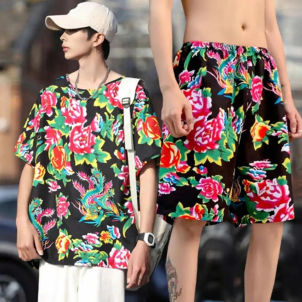 New Northeast Big Flower Design Clothing Chinese Style Men's Short Sleeve Tshirt Trousers Suit Two-piece Set Fashion Streetwear