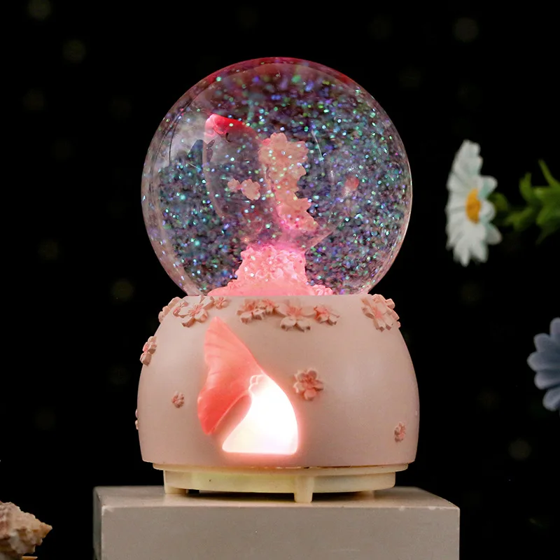 Resin Base Glass Crystal Ball Pink Transparent Whale Illumination Snow Globe With Music Children Bedroom Desktop Decor 스노우볼