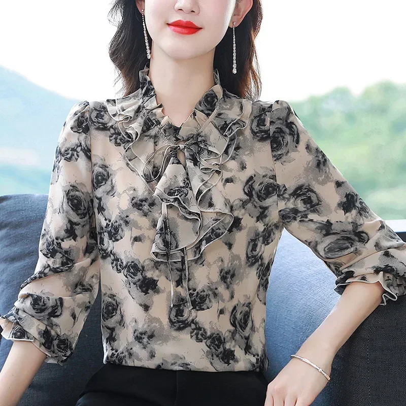 Women's Fungus Ruffle Tie Floral Long Sleeved Blouses Elegant Temperament Chiffon Shirt Spring Fashion