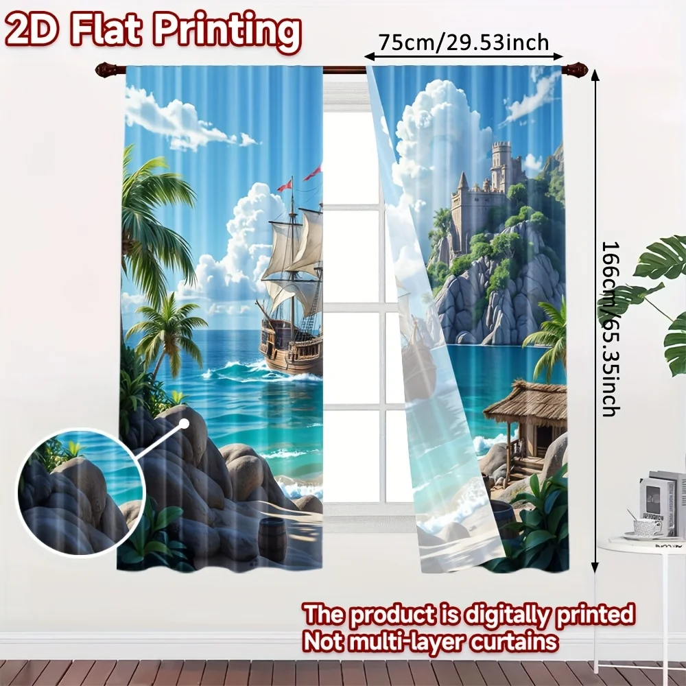 Vibrant Tropical Castle Beach Scene Curtains for Living Room Home Decor Window Curtain Panel