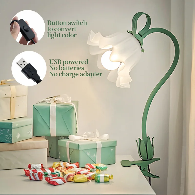 2026 3D Flower Clip Mount Light Pastoral Simple Green Shell Soft Reading Lamp For Study Bedroom Decor