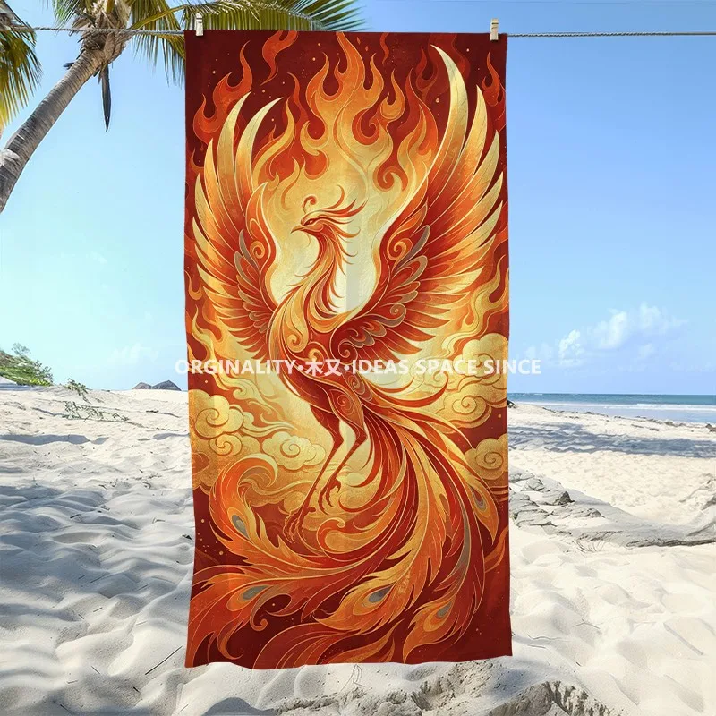 Golden Fire Phoenix Beach Towel Patterned Sunscreen And Windproof Suitable For Swimming Pool Camping Travel