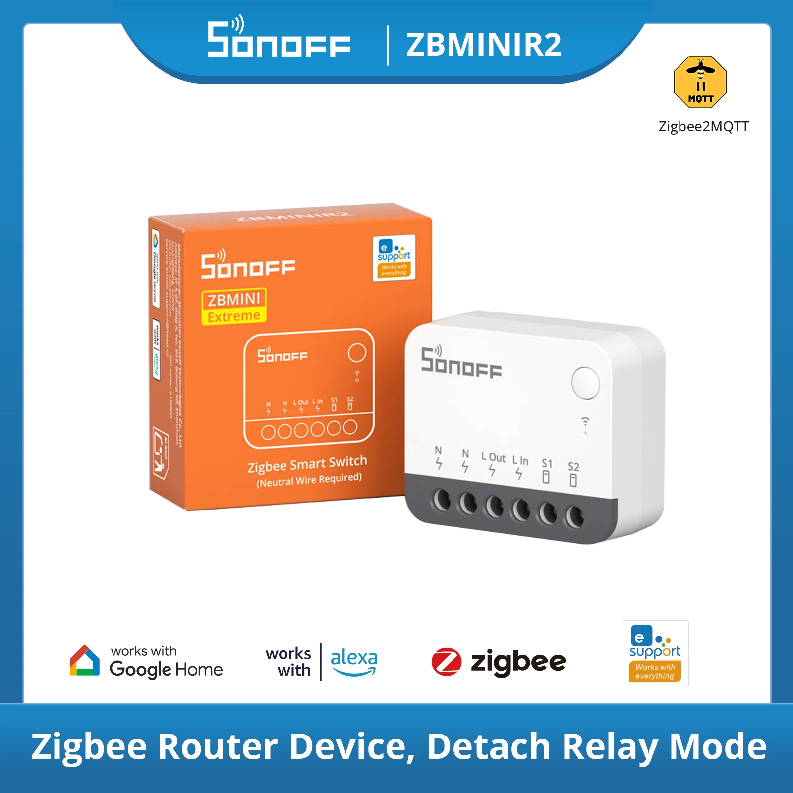 Sonoff zbminir2 extreme zigbee 3.0 interruptor inteligente tamanho menor controle de 2 vias temporizador seguro requer fio neutro via zigbee2mqtt