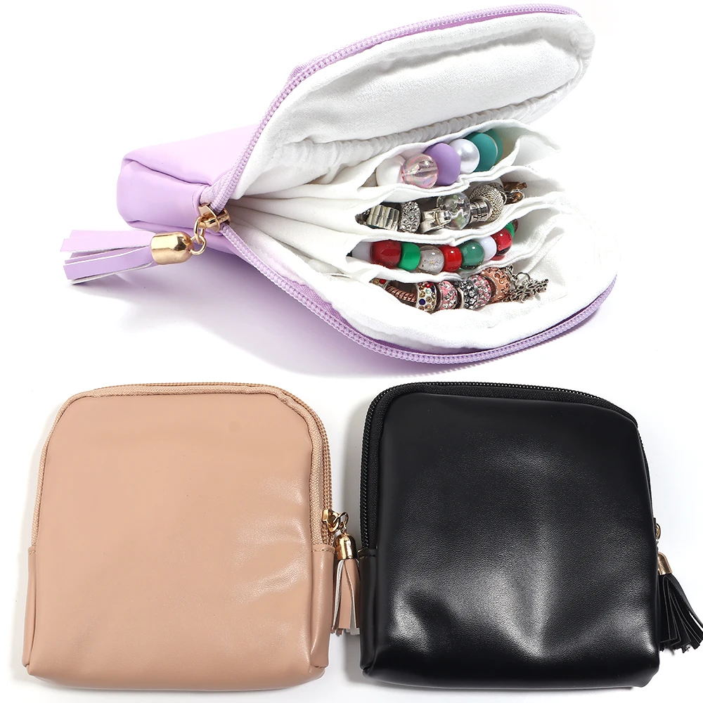 1Pc 12x12.5cm PU Leather Portable Tassel Jewelry Packing Bag Earrings Bracelet Jewelry Storage Case Large Capacity Organizer