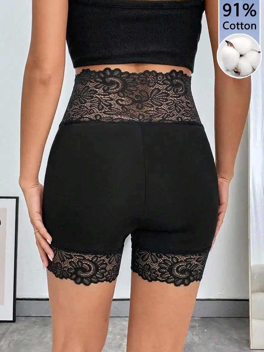 Firerie Women's 91% Cotton Black Contrast Lace High Waist Biker Shorts,Elegant& Summer Sportswear,Comfort Yoga Under