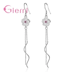 New Arrival Long Earrings 100% 925 Sterling Silver High Quality Pink Cubic Zirconia Pretty Flowers Shape For Women Jewelry