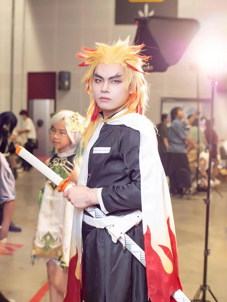 Anime Demon Slayers Rengoku Kyoujurou Cosplay Costume Adult Kids Wig Kimono Uniform Carnival Party Kimetsu No Yaiba Robe Suits