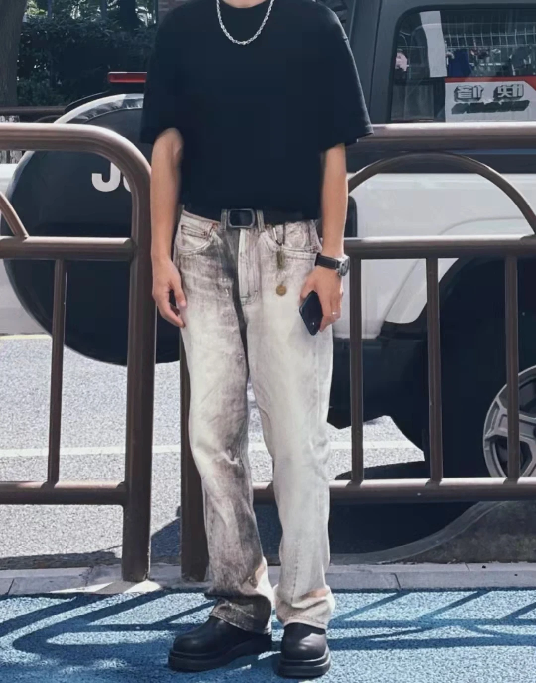 

High Waist Straight Leg Printed Waed Denim Jeans Men's Long Trousers Drapey Feel Comfortable Fit Classic Blue Color