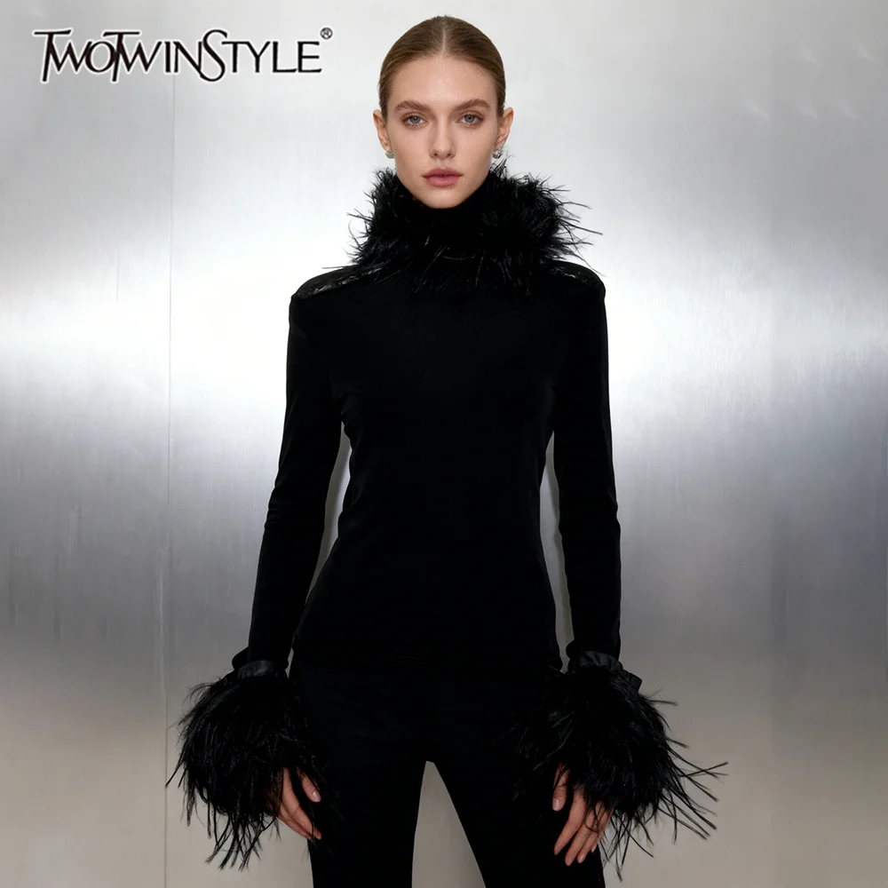 

TWOTWINSTYLE Solid Slimming Spliced Feather Elegant T Shirts for Women High Neck Long Sleeves Temperament T Shirt Female Clothes