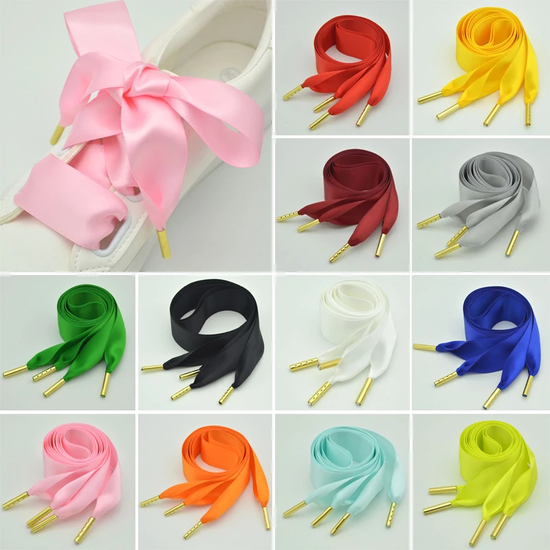 1 Pair 3.2CM Wide Colorful Ribbon Shoelaces With Golden Metal Tip For Laces End Satin