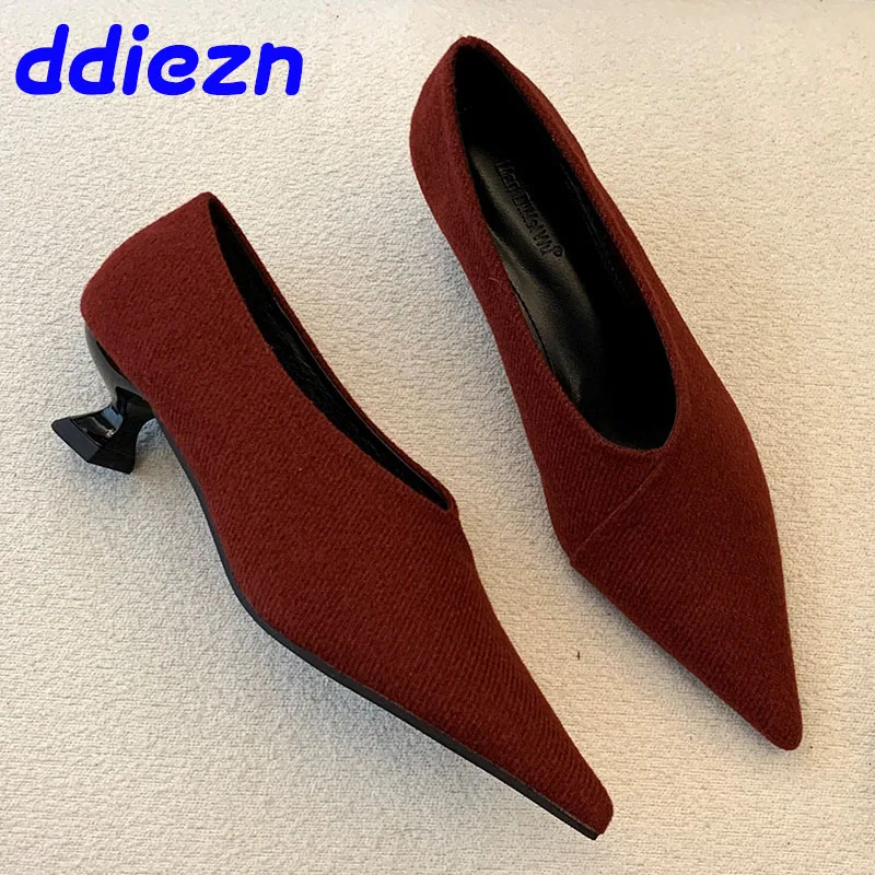 Calzado aterciopelado elegante para mujer, zapatos de tacón con punta estrecha, zapatos de tacón bajo poco profundos a la moda, deslizantes