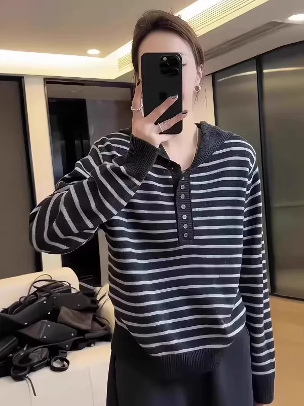 

Korean Casual Sle Hooded Striped Long Sve Knitted Sweater Women Spring plus Size Fat MM Slimming Lazy Versatile Top