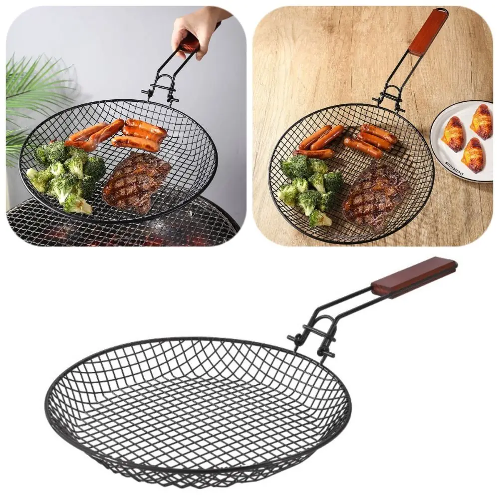 

Foldable Steel Carbonl Grill Basket Perforated Heat-Resistant Grilled Vegetable Net Non Stick Round Barbecue Pan BBQ