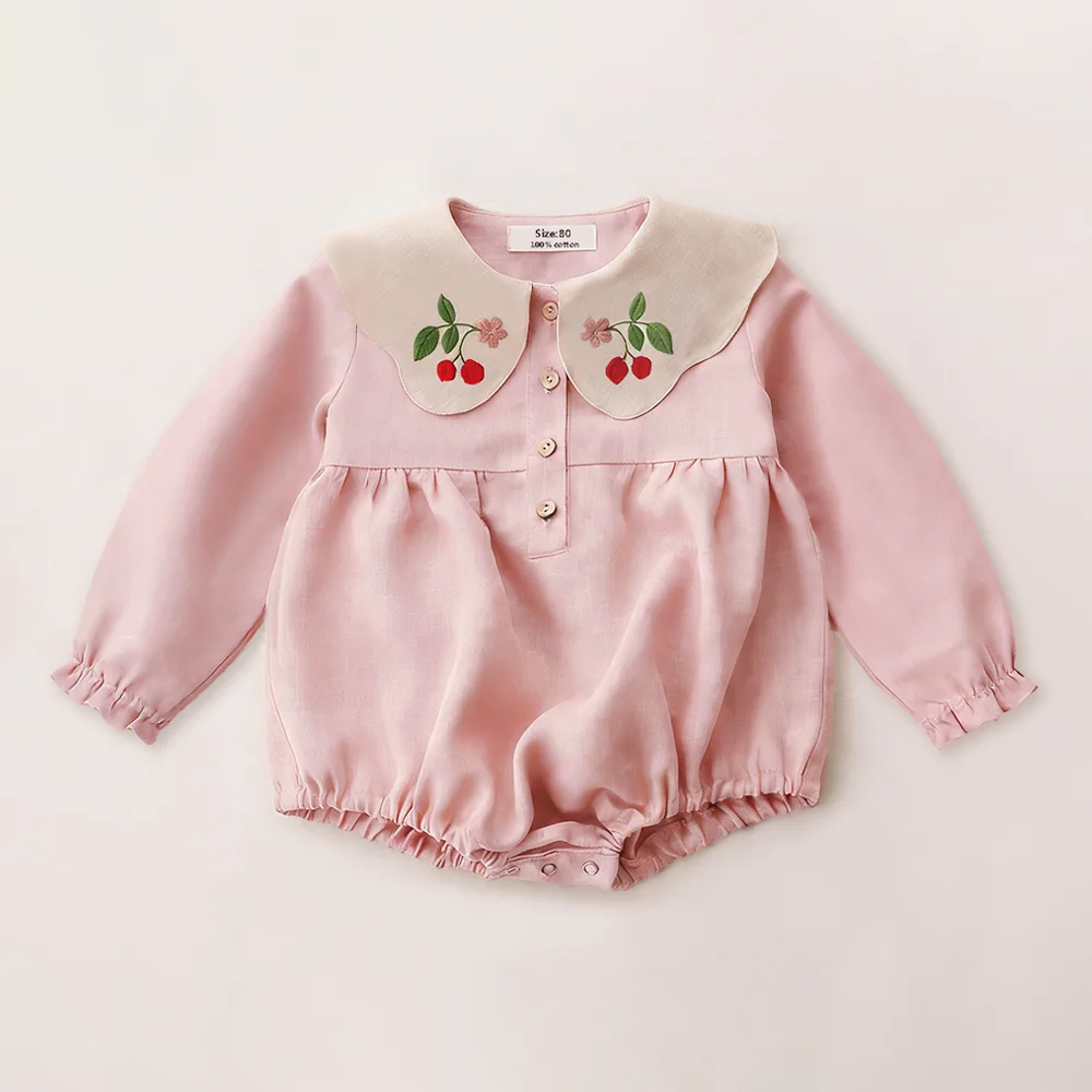 

Комбинезон для девочек 0-2 лет, розовый, из хлопка и льна, с длинными рукавами, цельный, с вышивкой, для весенне-летних фотосессий