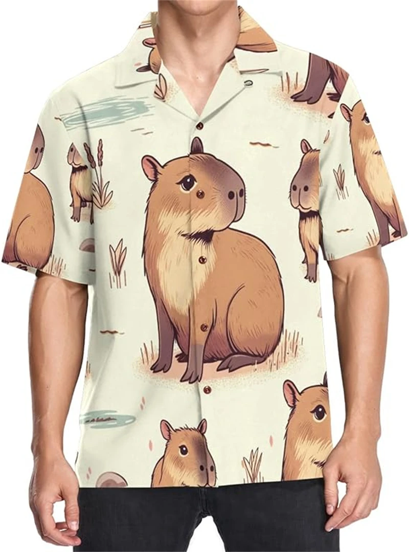 Camisas Gráficas Divertidas de Capivara para Homens, Camisa Havaiana com Estampa 3D, Manga Curta, Estilo Y2K, Blusa Fofa com Gola Lapela para Homens e