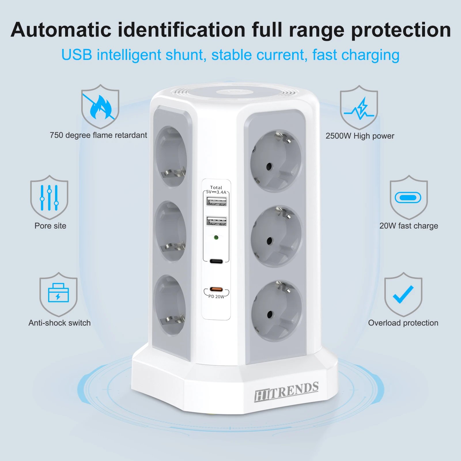12 Way Power Socket Tower with Night Light, 2 USB A and 2 USB C ports, Multi Socket Surge Protector, 1.8m extension cable