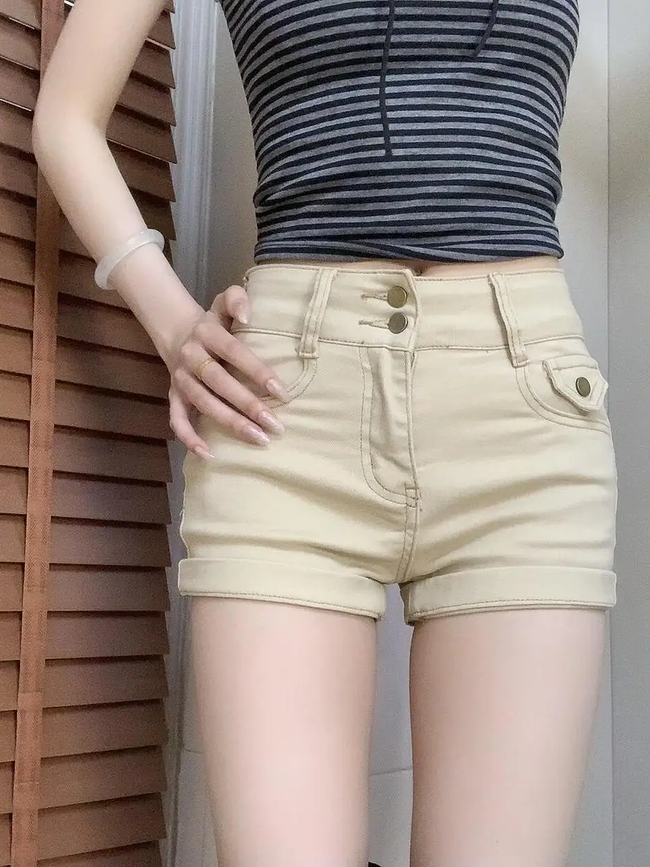 Khaki High Waist Denim Shorts Women's Summer New Slimming Sexy Girl Cuffed Elastic Versatile Tight Hot Pants Straight Leg Fit