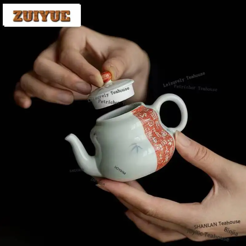 115ml Handmade Sprinkle Blue Tea Pot Household Handwritten Poetry Teapot Luxury Filter Pot Tea Making Kettle Teaware Ornaments
