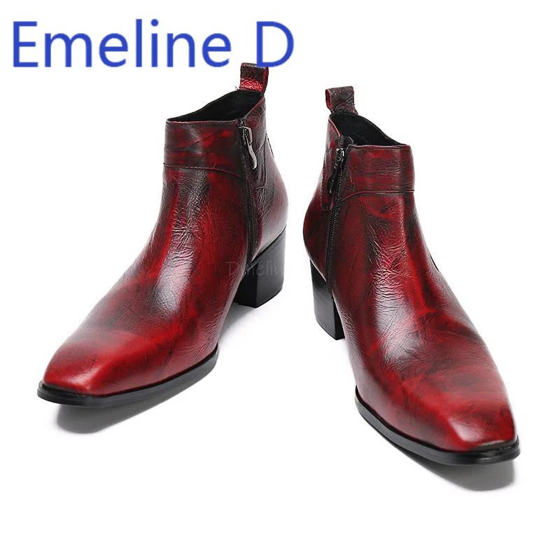 

Tall Men's Leather Boots Trendy British Style Retro Zipper Design Wine Red Square Toe Thick Heel Height Increasing Short Boots
