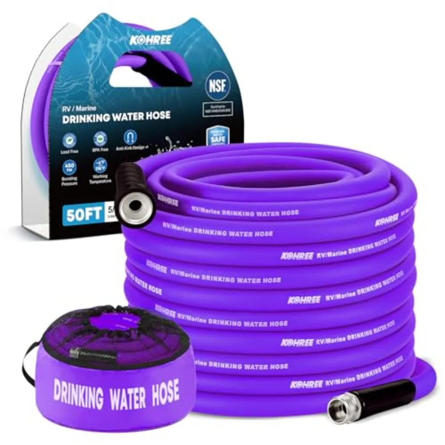 

Kohree NSF 372 Certified 50-ft Drinking Water Hose, 5/8'' Premium RV Water Hose with Storage Bag, Heavy-Duty Machined Fittings,