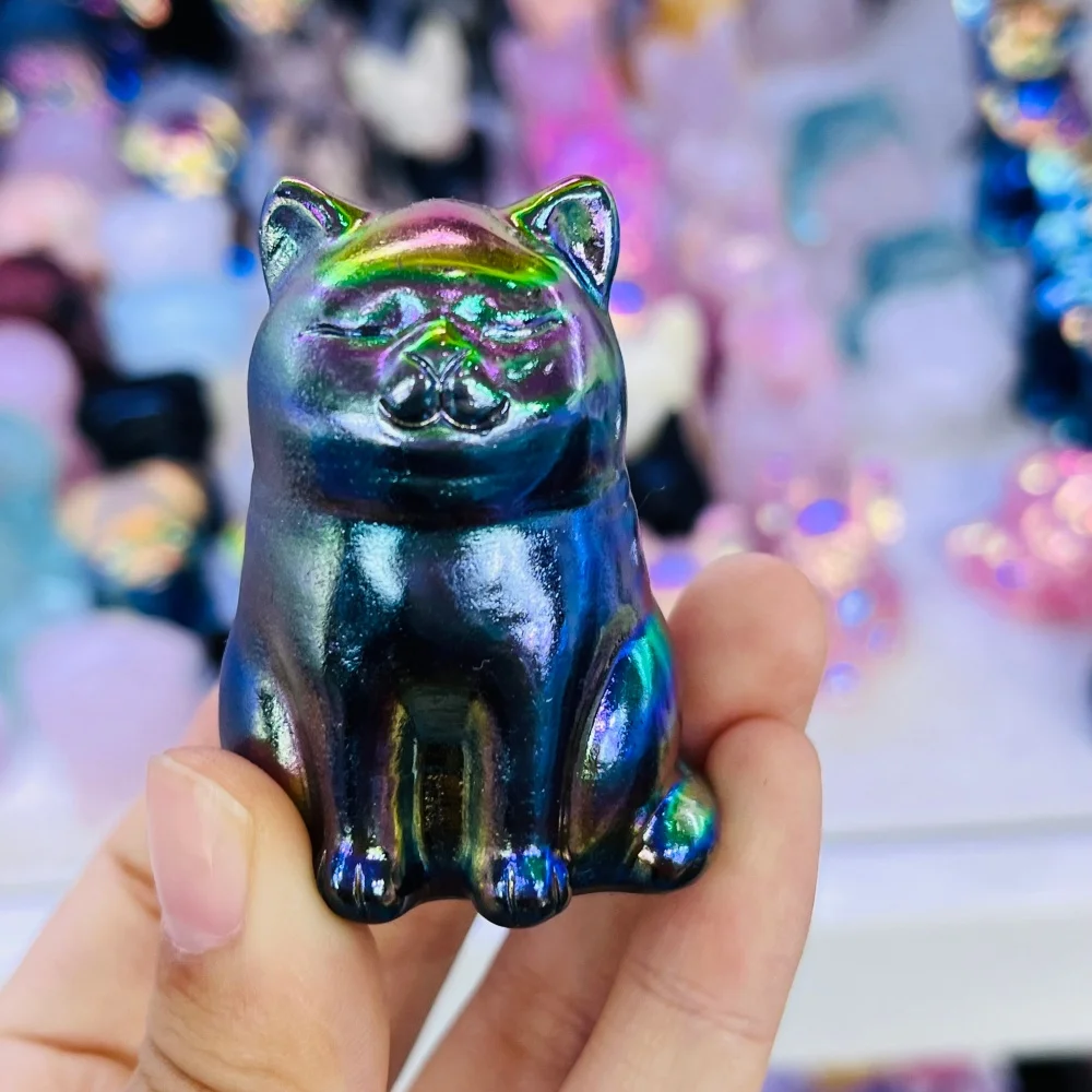 Natural Aurora Quartz Cat Carving Crystal Reiki Healing Figurine Trinket Craft Gift Home Decoration 1pcs