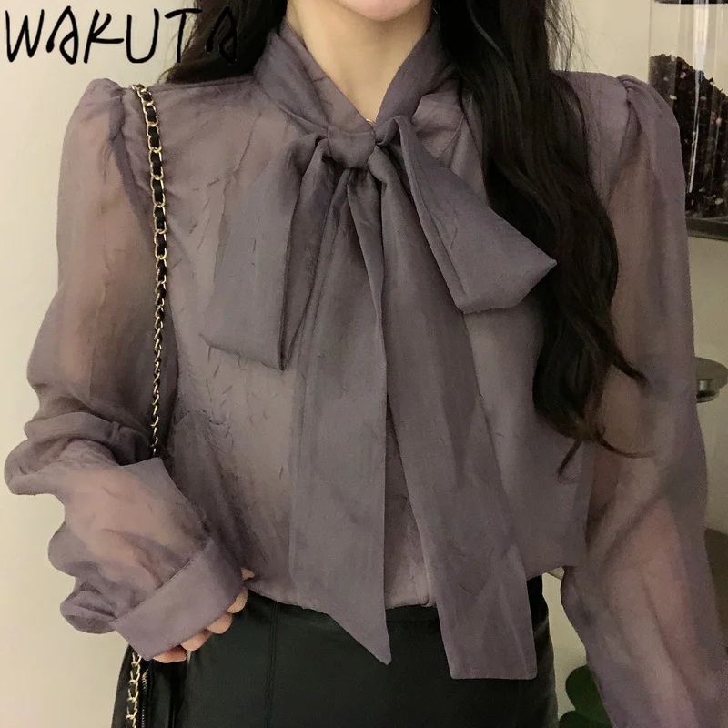 WAKUTA Ladies Elegant Transparent Shirts Tops Korean 2024 New Chiffon Blouses Solid Loose Bow Collar Long Sleeve Blousas Mujer