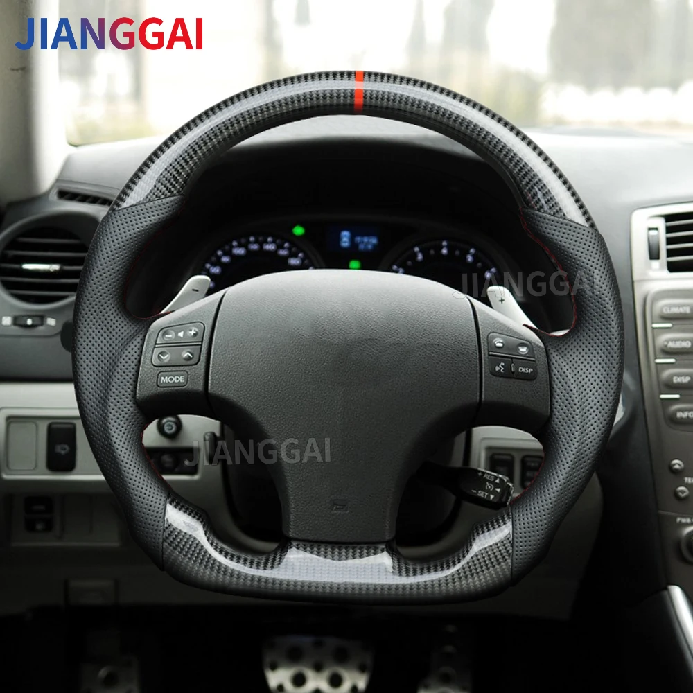 

Real Carbon Fiber Steering Wheel Red Stitch Custom Perforated Leather Steering Wheel Fit For LEXUS IS 250 300 350 ISF 2006-2012