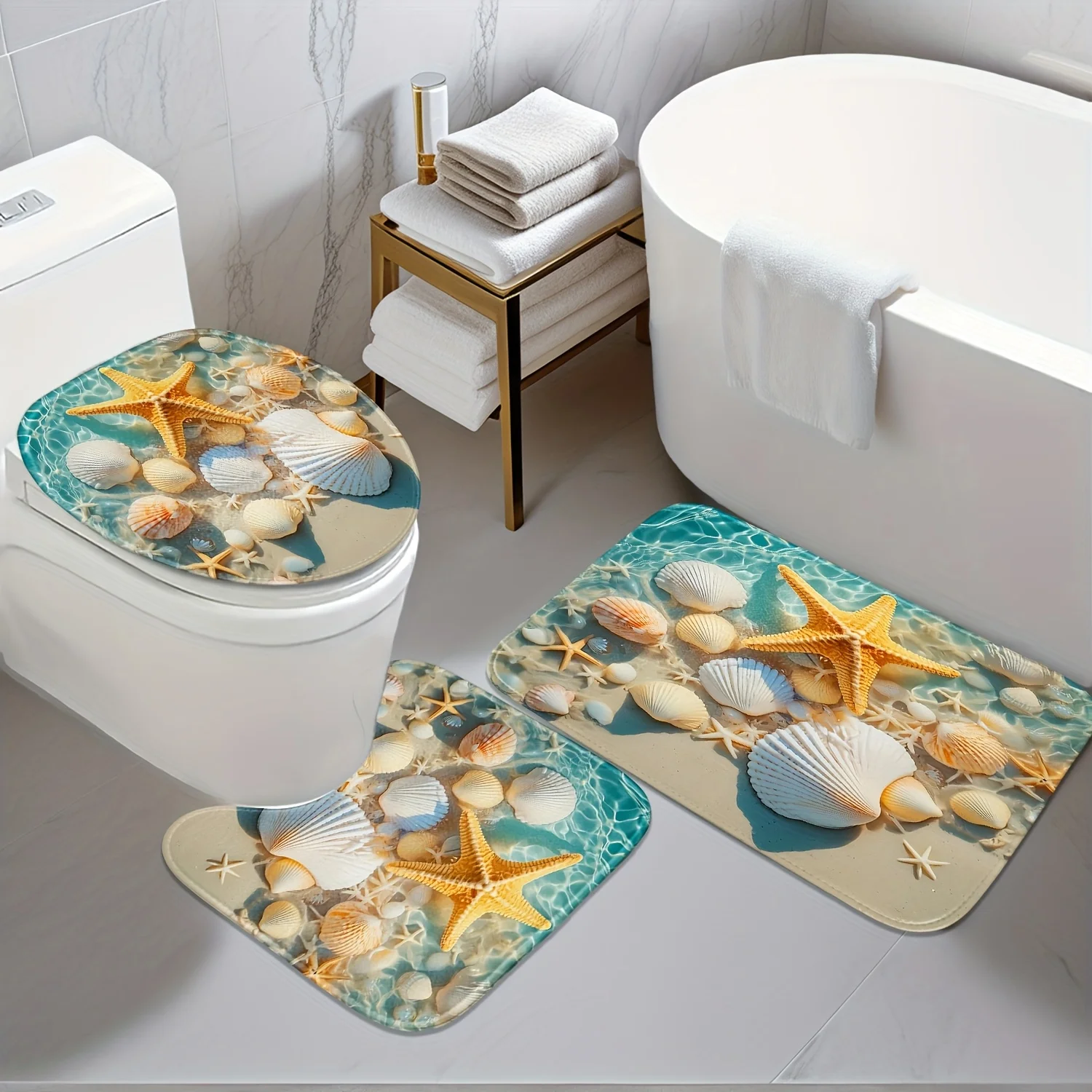 

Набор ковриков для ванной комнаты из 3 предметов — синие и белые ракушки и морская звезда с принтом — пляжный тематический декор для ванных комнат