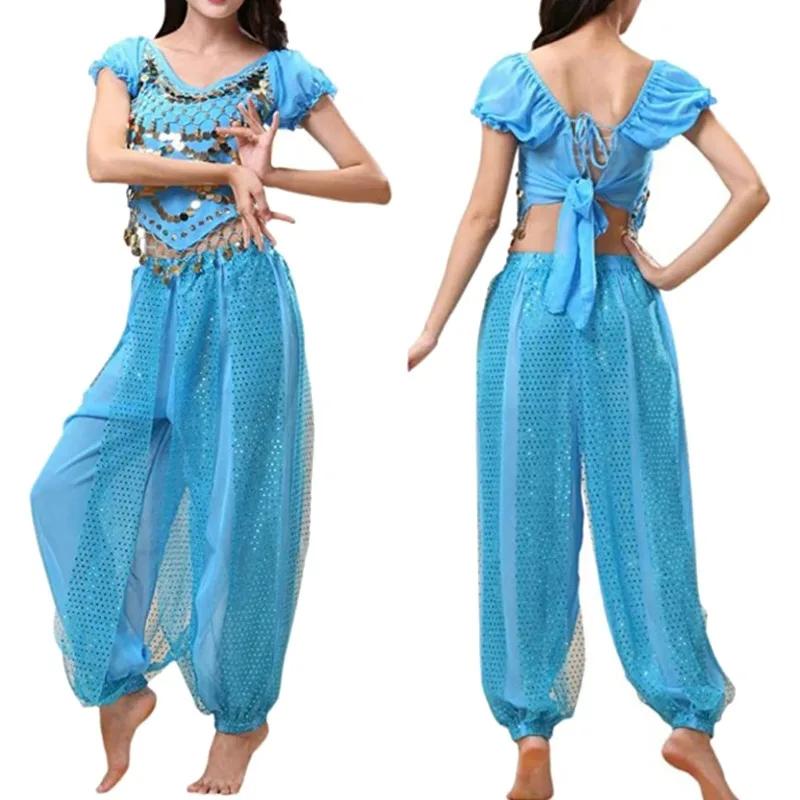 Conjunto de traje de danza del vientre para mujer, Tops de lentejuelas con pantalones Harem, Top corto, pantalones Harem, traje de baile árabe de Halloween