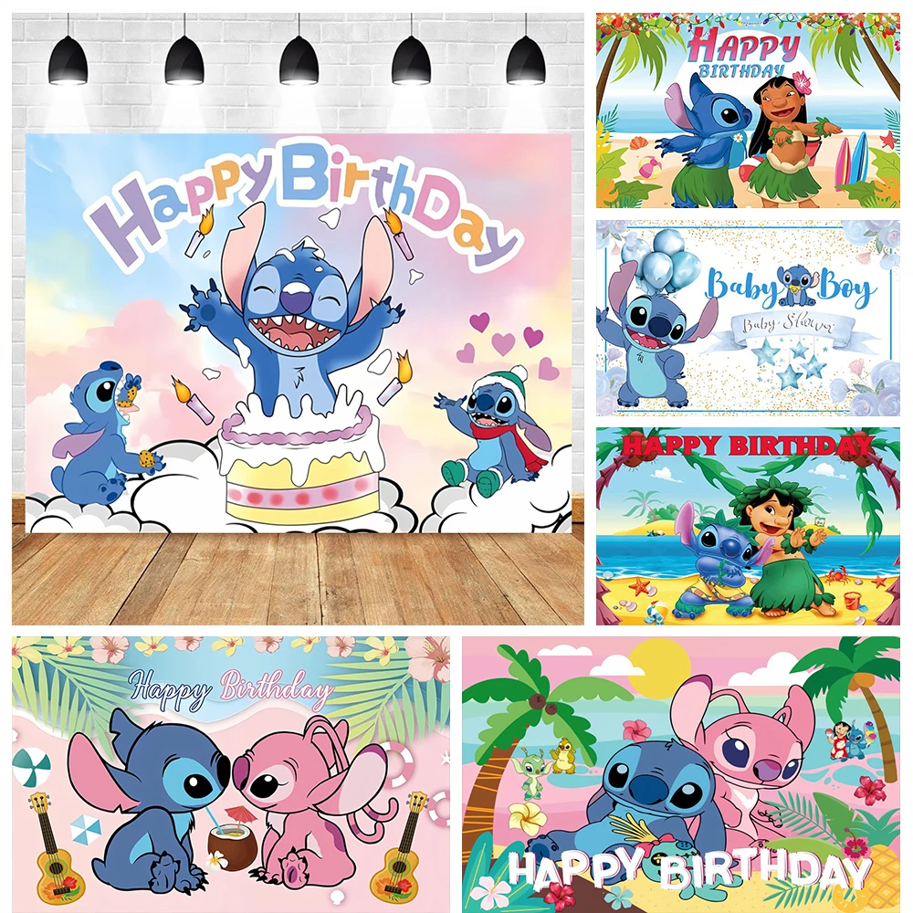 Bannière de fond d'écran Lilo & Stitch Joyeux Anniversaire Thème Tropical Hawaïen pour Fête d'Anniversaire Enfant, Baby Shower, Décoration de Fond Photo