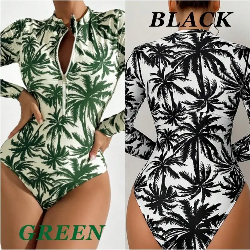 

2025 Summer Women One Piece Swimsuit Long Sleeve Front Zip Up Palm Leaf Print Black Green Sexy Bather Bodysuit Surfing Beachwear